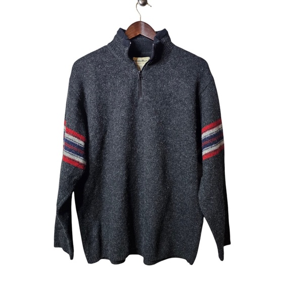 Eddie Bauer Men's XL Gray 100% Wool Half Zip Sweater Sweatshirt - Classic Stripe - Picture 2 of 6